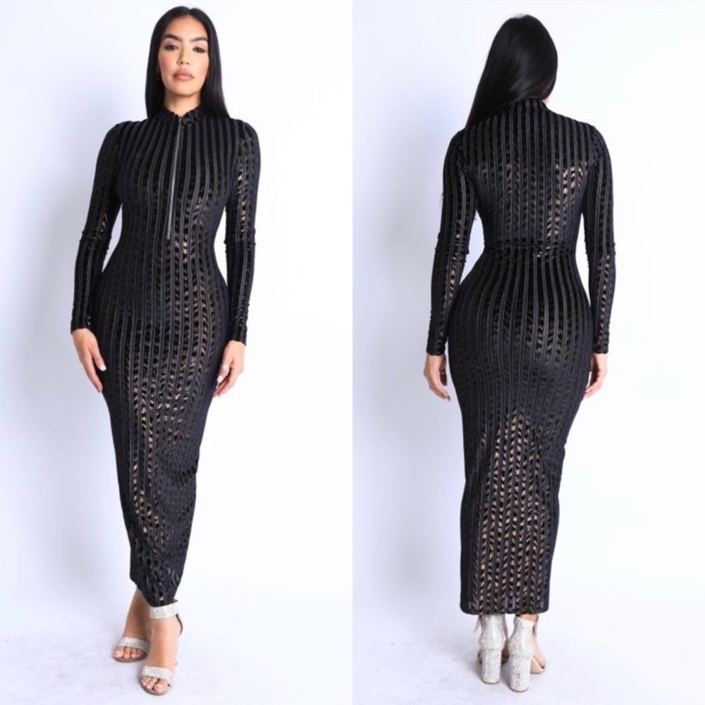 NEW TRENDY LONG SLEEVE STRIPED BURN OUT SEMI ZIP UP MAXI DRESS